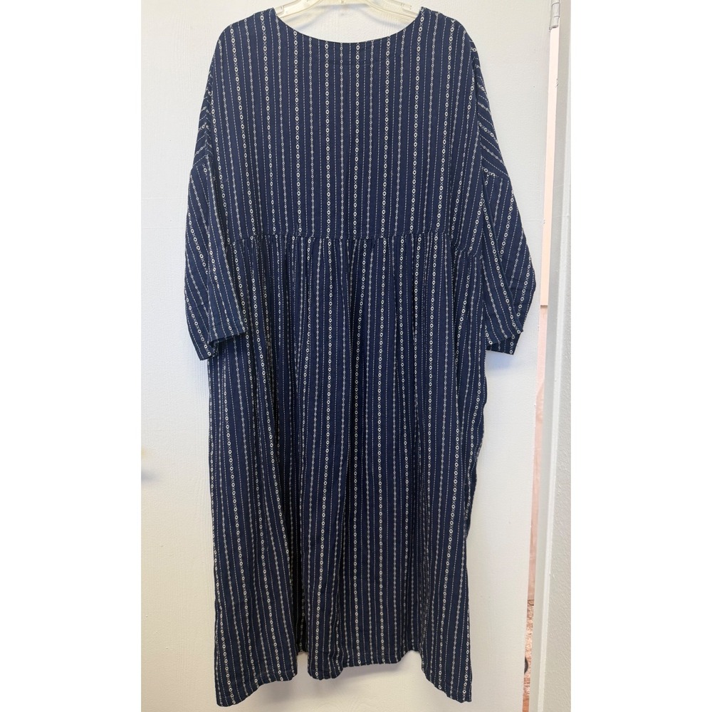 Ichi Antiquites Navy Linen Blend Oversized Stripe Midi Dress Mori Girl Japan
